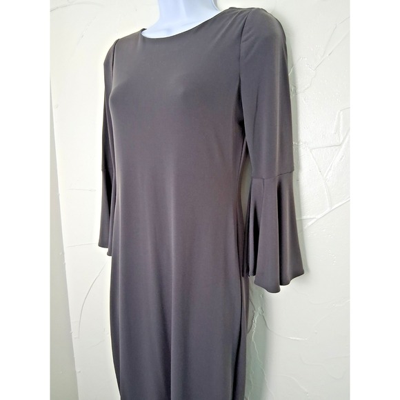 Calvin Klein Size 2 Liquid Knit Shift Midi Dress Bell Sleeves Minimalist Neutral - Picture 2 of 7